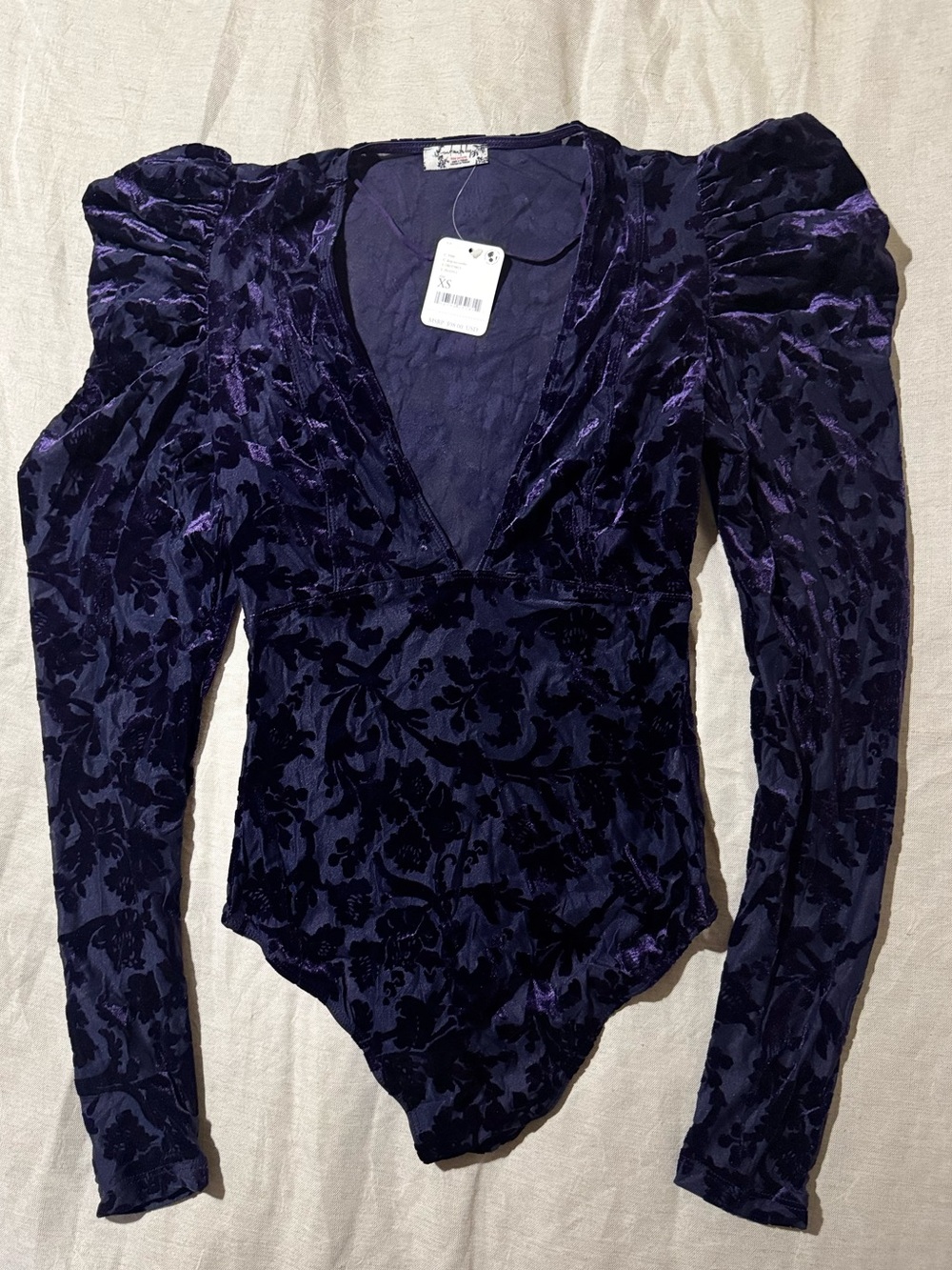 Free People Magic Hour Deep Purple Velvet Floral Bodysuit Size XS Nwt